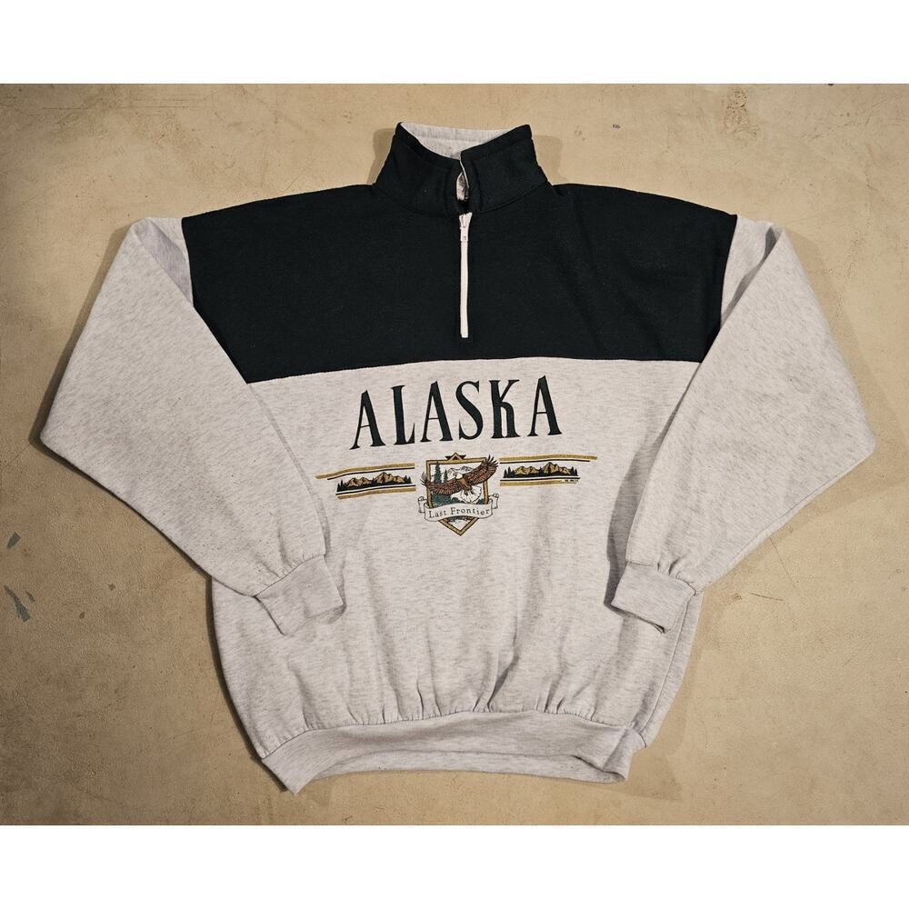 Vintage ALASKA "Last Frontier" 1/4 Zip Pullover Mens sz XL Made In USA Green